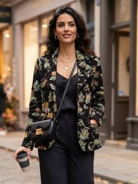 H&M Black Floral Tapestry Blazer Textured Statement Feminine Luxury Rich Boho